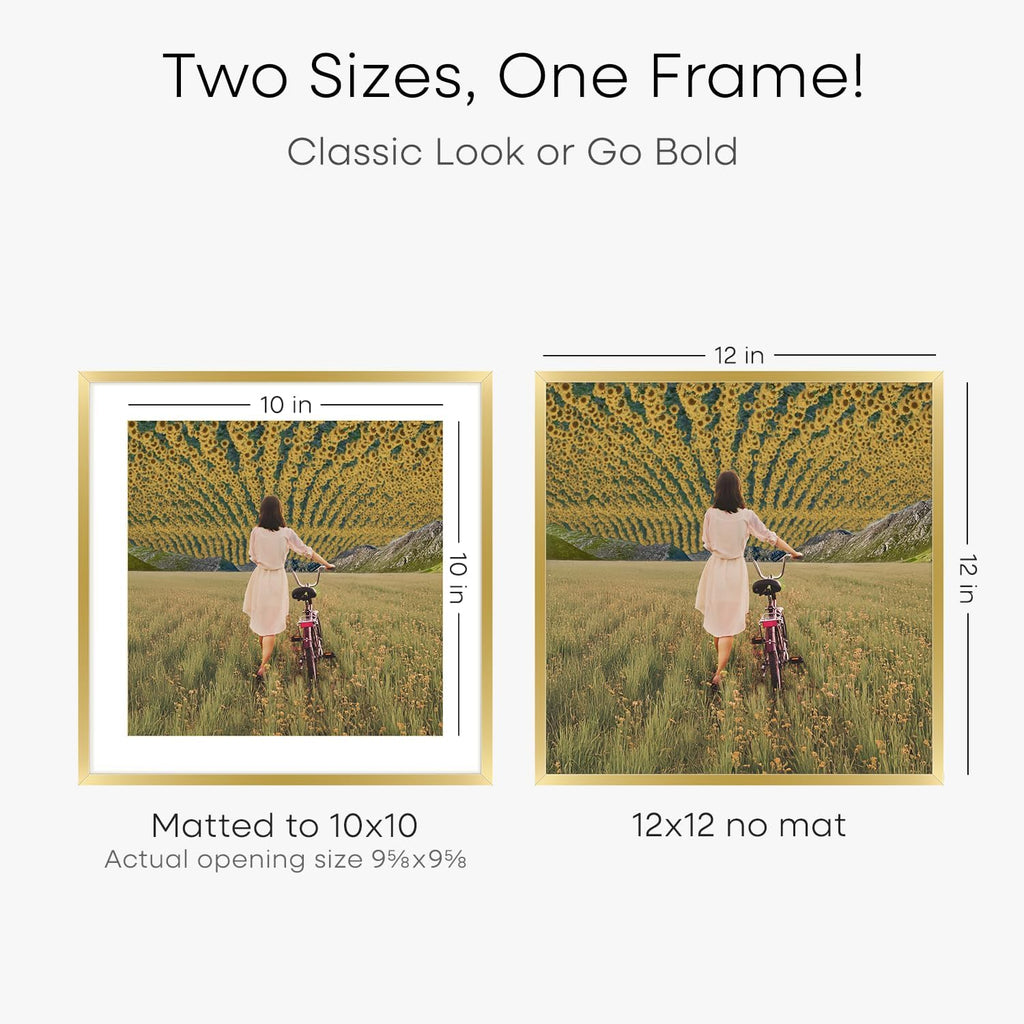 Homeforia 12x12 Picture Frame Gold, High End Metal 12 x 12 Square Poster Frame with Mat 10 x 10 Photo, 12x12 Frame Matted to 10x10 Print, 12by12 Gold Hanging Frames, Tempered Glass, Wall Kit, Set of 4