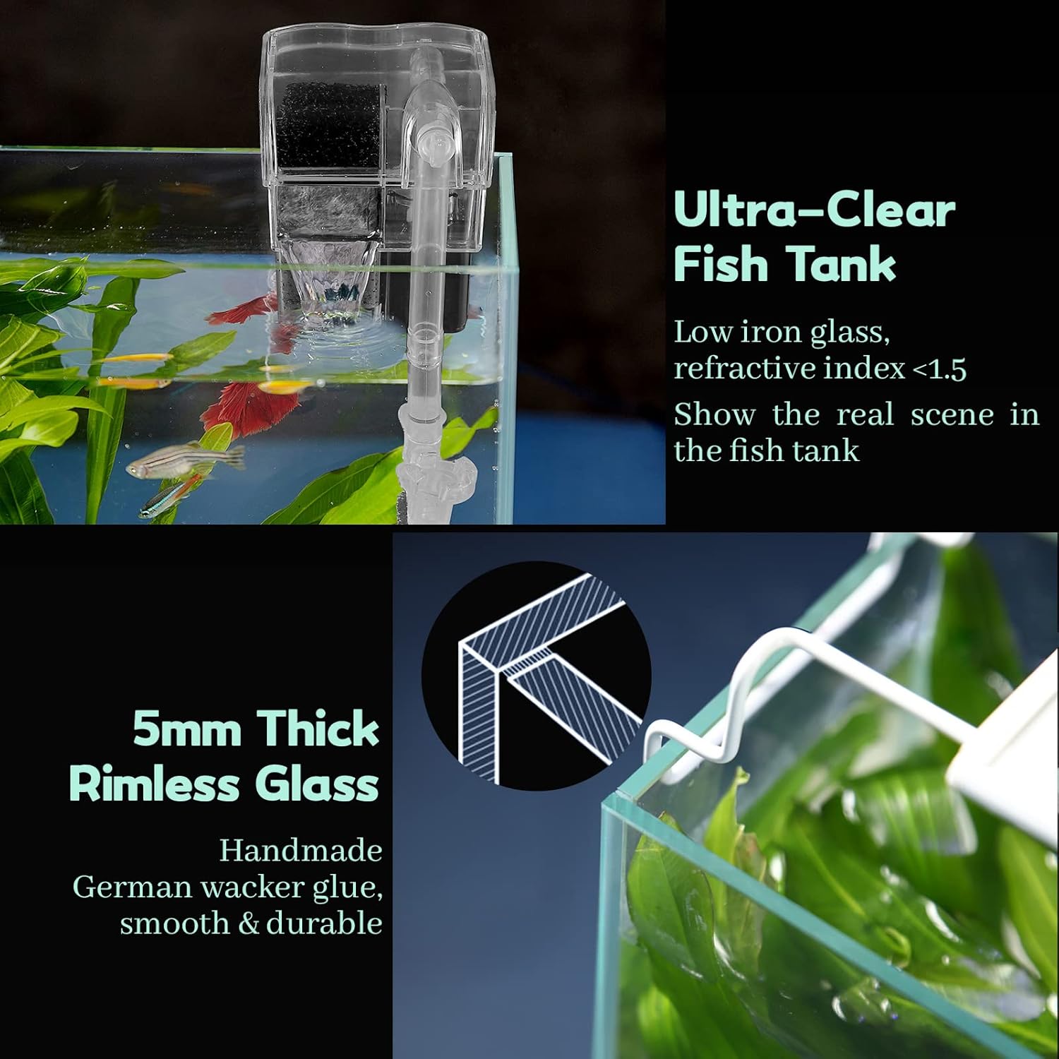 Rimless Glass Aquarium Starter Kit (3 Gal), Ultra Clear Low Iron Glass Fish Tank Set, Small Beta Fish Tank & Filter with Surface Skimmer & 3-Mode LED Light