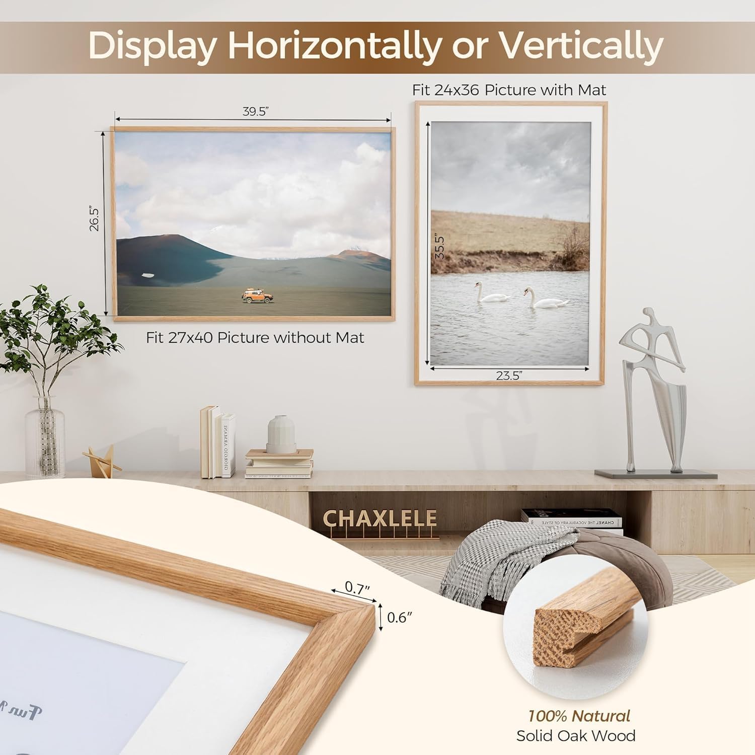 Fun Memories 27x40 Picture Frame, Solid Oak Wood Frame for Wall, 27x40 Matted frame for 24x36, Natural Oak Wood Frame for Home Decor, Set of 1