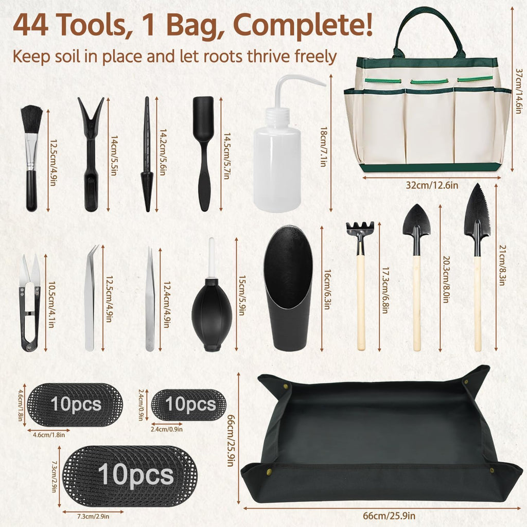 LASZOLA 45 pcs Repotting Set with Potting Mat Tiny Tools for Indoor Plants Succulents, Gardening Bag Kit with Waterproof Tray and Mini Tools, Ideal for Soil Replacement Seedling Transplanting, Black