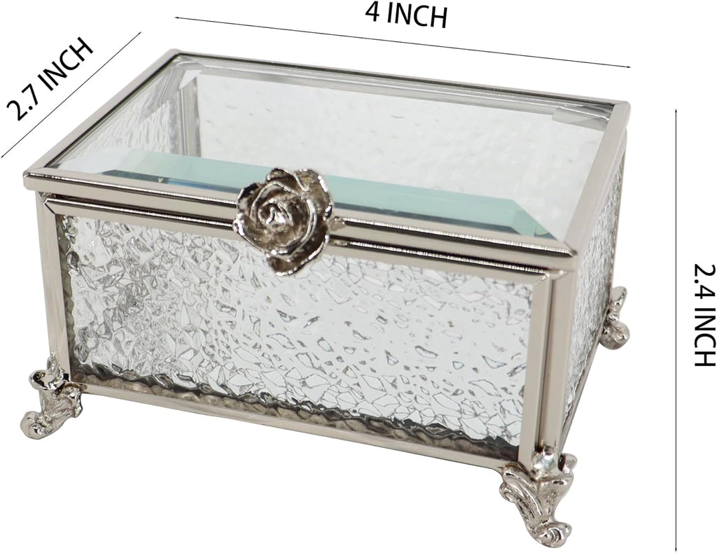 Glass Vintage Jewelry Box Keepsake storage Trinket Ring Display Box Home Decor Embossed Clear Glass Boxes Organizer(3.9x2.7x2.3Inches)
