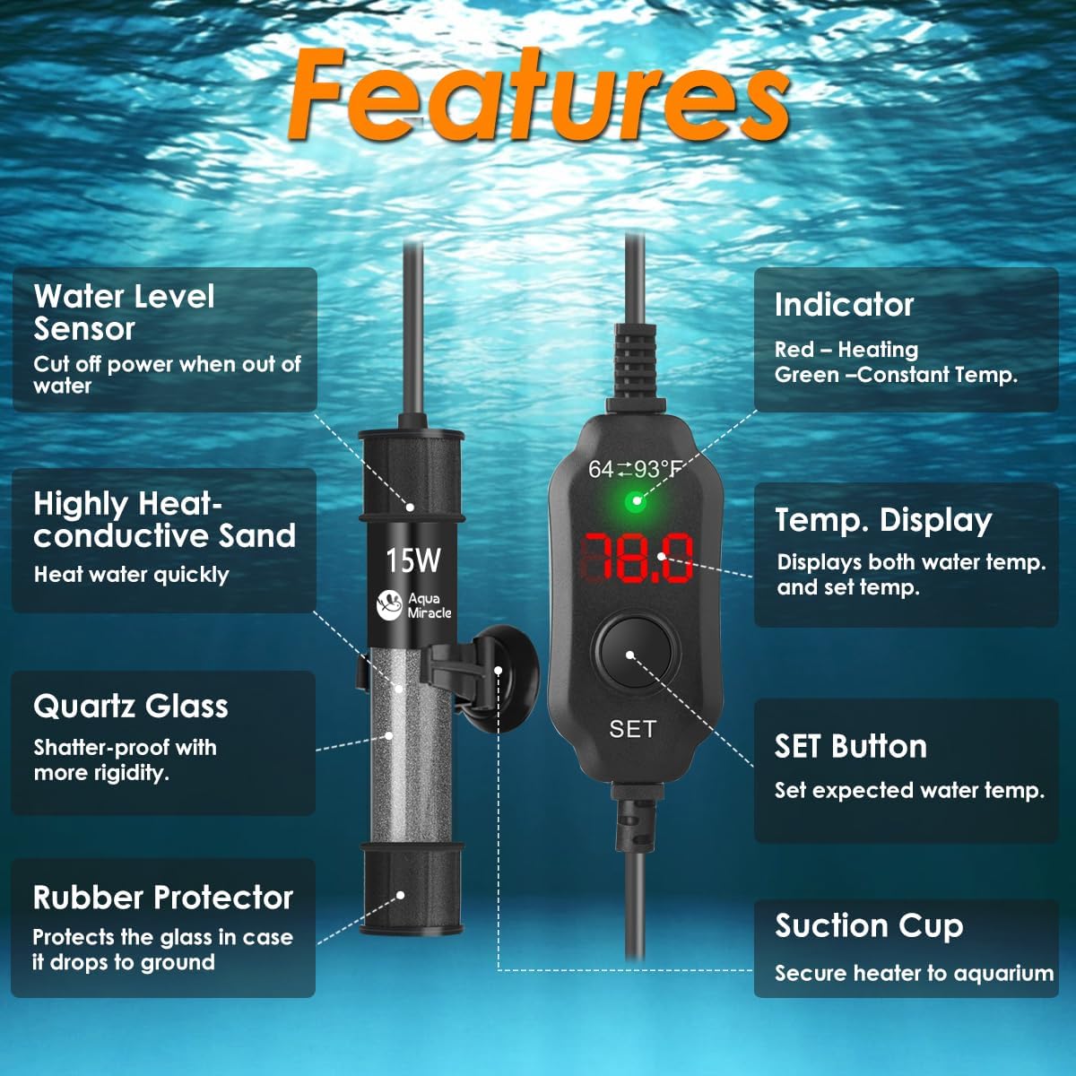 AquaMiralce 15W Aquarium Heater with Compact Size, Submersible Fish Tank Heater with LED Digital Display Thermostat, Adjustable Fish Heater Turtle Heater for 1-3 Gallon Tanks