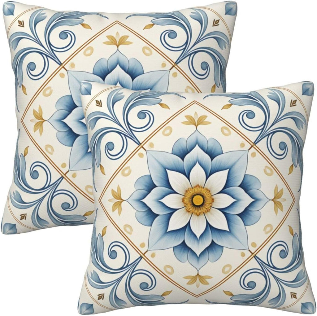 Mediterranean Blue Floral Throw Pillow Covers Set of 2 Ultra-Soft All-Season Pillow Shams with Hidden Zipper,Durable for Sofa Bed Car Decor & Gift Luxury 18x18IN