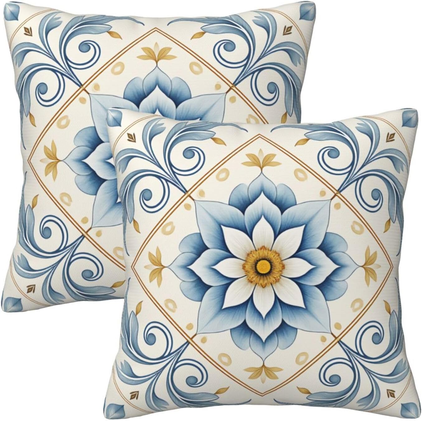 Mediterranean Blue Floral Throw Pillow Covers Set of 2 Ultra-Soft All-Season Pillow Shams with Hidden Zipper,Durable for Sofa Bed Car Decor & Gift Luxury 18x18IN
