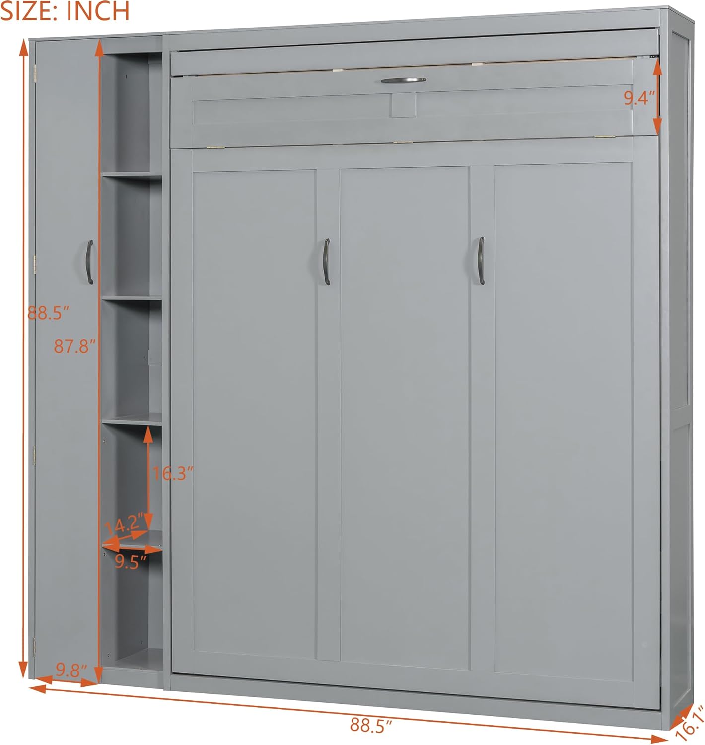 Merax Queen Size Murphy Bed Wall Bed with Shelves, Drawers and LED Lights,Gray