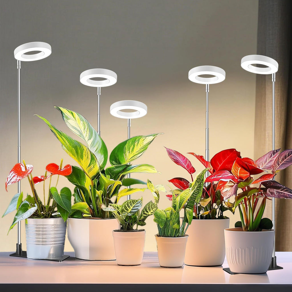 Grow Lights for Indoor Plants, 48 LEDs Full Spectrum Halo Plant Grow Light, Height Adjustable Growing Lamp with Detachable Base, 3/9/12Hrs Timer, 10 Brightness, 3 Color Modes, 5 Pack