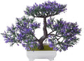 Mini Artificial Bonsai Tree Fake Plants - Artificial Plant Welcome Pine Treewith Plastic Cement Pots for Home Office Décor (Purple)
