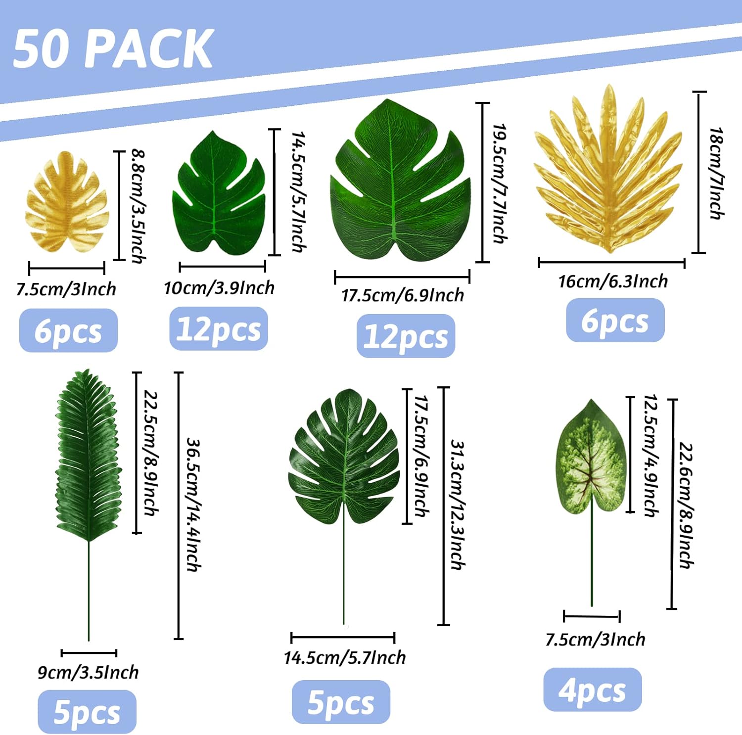 Tropical Party Decorations, 50 Pieces 7 Kinds Artificial Palm Leaves Green and Gold Tropical Monstera Leaves with Stems for Hawaiian Luau Party Jungle Beach Table Leave Decorations