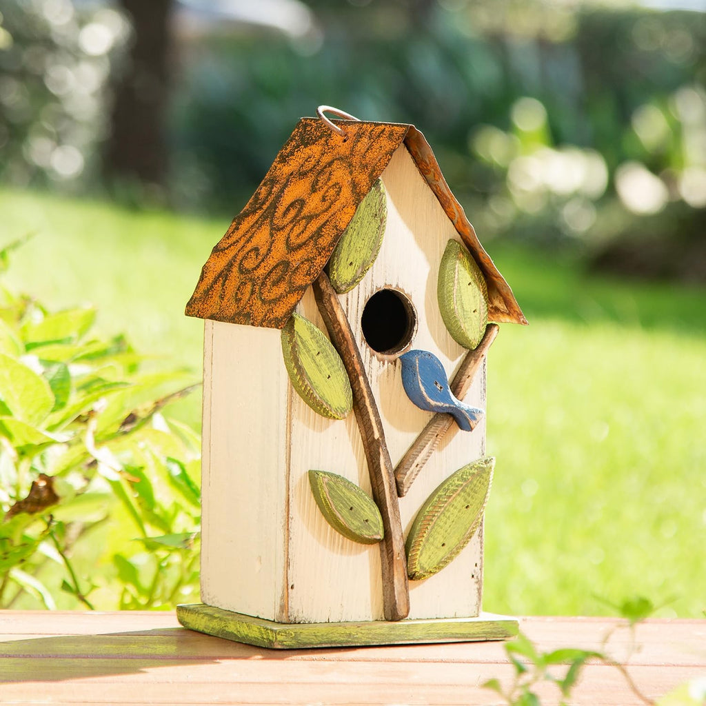 Glitzhome Bird Houses for Outside, 9.7" H Rustic Hanging Birdhouse Decorative Pet Cottage Distressed Wooden Birdhouse with 3D Tree Bluebird House for Outdoor Patio Garden, White
