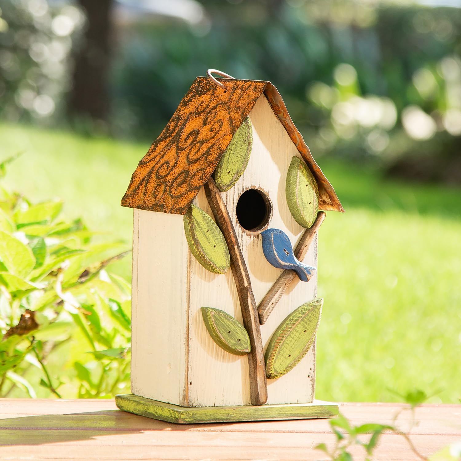 Glitzhome Bird Houses for Outside, 9.7" H Rustic Hanging Birdhouse Decorative Pet Cottage Distressed Wooden Birdhouse with 3D Tree Bluebird House for Outdoor Patio Garden, White