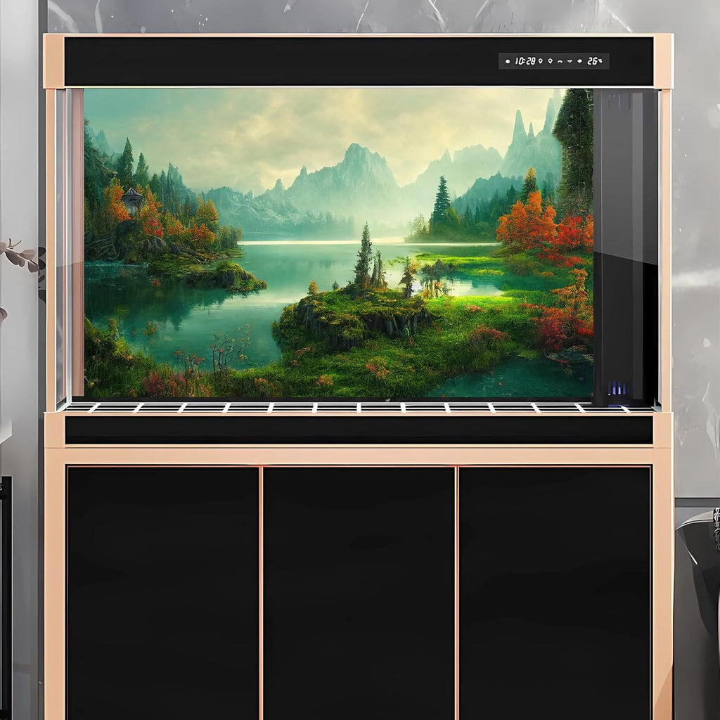 Autumn Landscape Aquarium Background Jungle Plants Rainforest Fish Tank Background Foggy Misty Mountains Terrarium Background Tranquil Lake Natural Scenery Aquarium Backdrops Vinyl 36x20in