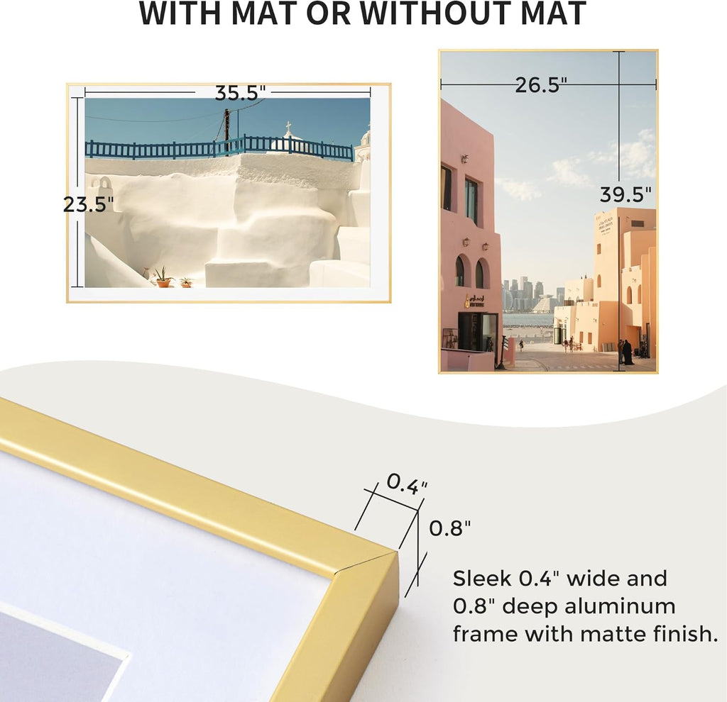 Fun Memories 27x40 Metal Picture Frame with 24x36 Mat, Brushed Aluminum Finish, Tempered Glass Front, and Attached Hanging Hardware - Wall Display Frames for Vertical or Horizontal Orientation - Gold