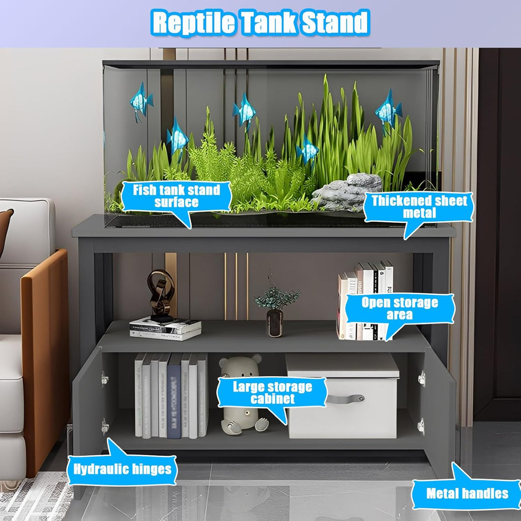 5-75 Gallon Aquarium Stands, 3 Tier Metal Frame Fish Tank Stand with Cabinet Storage, Reptile Tank Stand for Home Living Room Bedroom Office, 2200LBS Capacity (black+gray, L27.6″*W17.7″*H23.6″)
