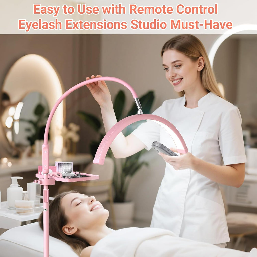 LIONVISON Half Moon Lash Light: 6500K LED Lamp Ring Light with Tray - 360° Flexible Gooseneck Durable Metal Stand - Salon Use for Lash Artists Eyelash Extensions (18In Pink)