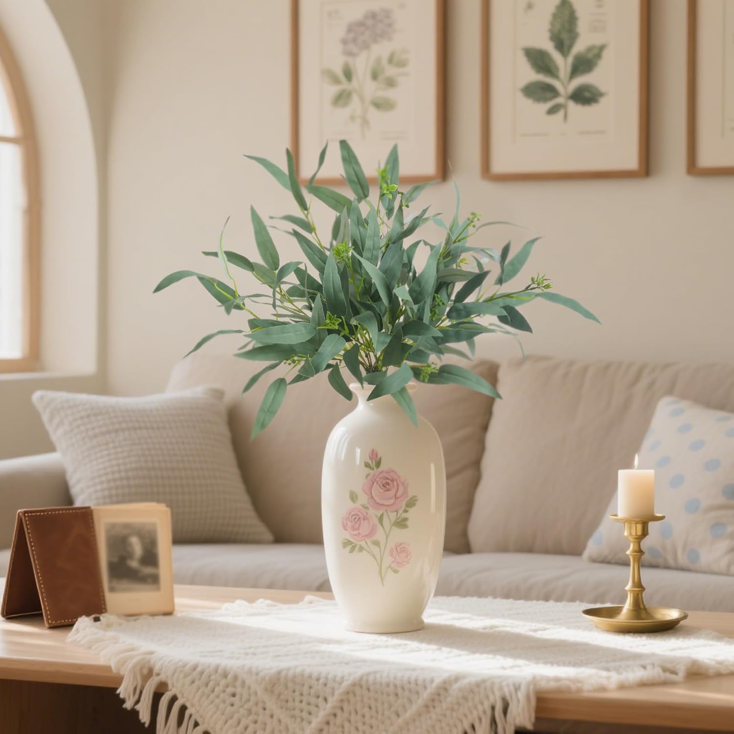 6 Pcs 25.5" Artificial Eucalyptus Stems,Realistic Faux Willow Leaves Greenery Branches for Vase Decor, Wedding Centerpieces, Farmhouse Home Party Decor, Bendable Stems & No Fade