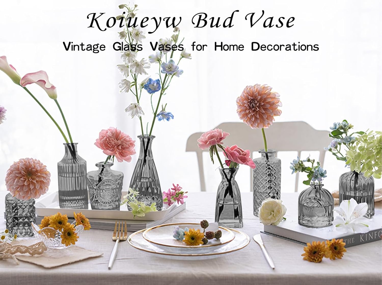Dark Gray Bud Vases Set, 24 Pcs Vintage Small Vases for Flowers, Clear Crystal Mini Glasses in Bulk, Small Flower Design for Centerpieces Wedding Home Flower Party Decor