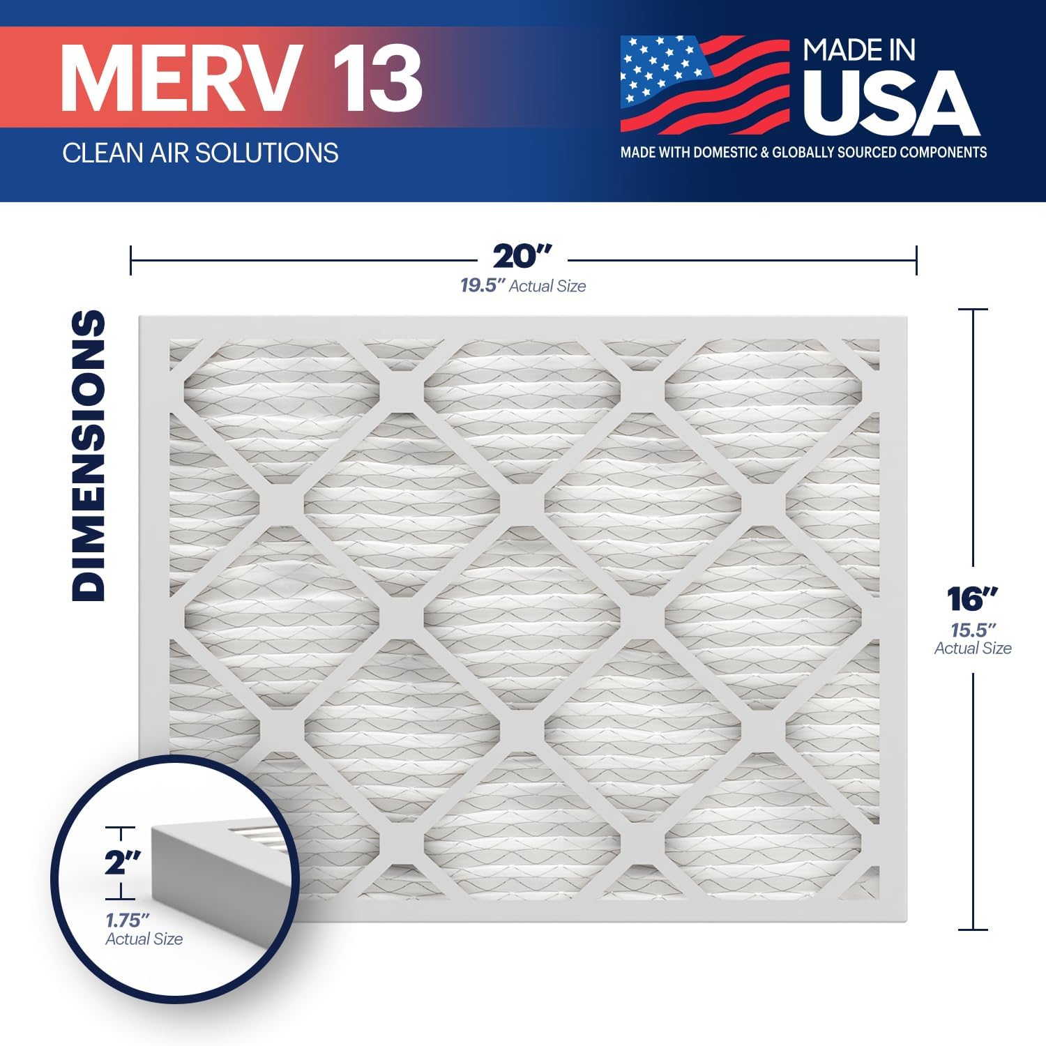 BNX TruFilter 16x20x2 MERV 13 (4-Pack) AC Furnace Air Filter - MADE IN USA - Electrostatic Pleated Air Conditioner HVAC AC Furnace Filters - Removes Pollen, Mold, Bacteria, Smoke