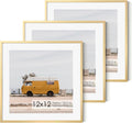 12x12 Metal Picture Frame with 10x10 Mat, Brushed Aluminum Finish, Attached Hanging Hardware, and Tempered Glass Front - Versatile Vertical or Horizontal Wall Display Frames(Gold, Pack of 3)