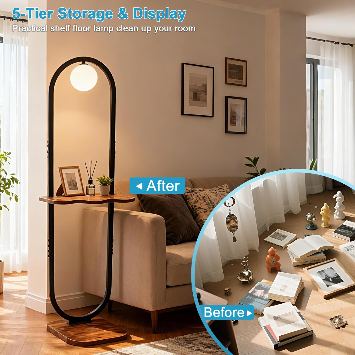 Lightdot 47-Inch Arch Floor Lamp, Modern Standing Lamp with Table, Black Metal Frame with Globe Shade, Living Room Bedroom Lighting, G9 LED Bulb Included