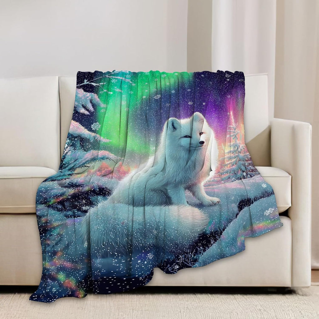 White Fox Blanket Winter Aurora Night Animal Throw Blankets Gifts for Girls Boys Kids Fox Lover Soft Cozy Fleece Plush for Couch Sofa Bed 80"x60"