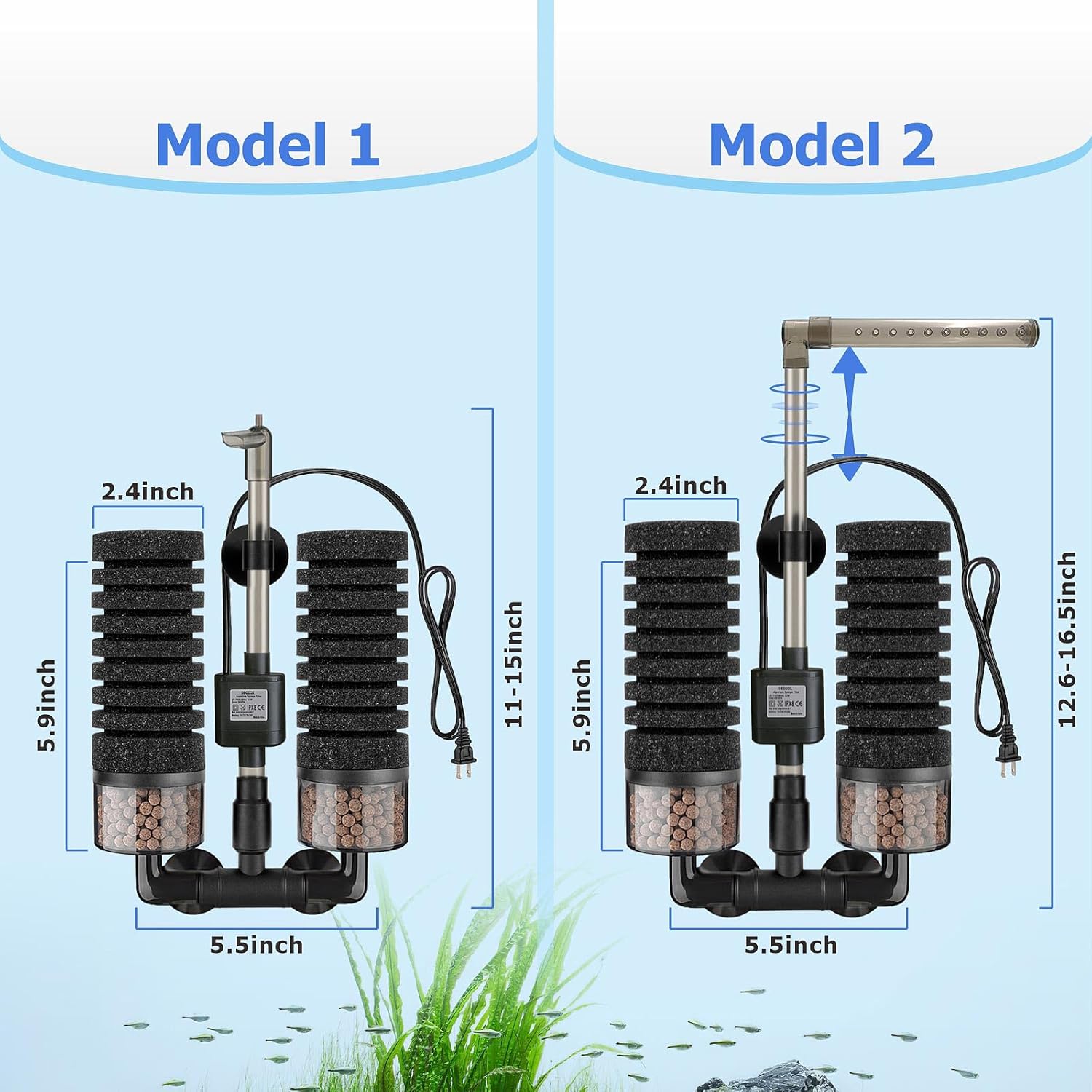 Upgrade Aquarium Electric Power Sponge Filter with Submersible Pump ，Ultra-Quiet Motor with Bio Ceramic Media Balls and 2 Spare Sponge (L for 20-55 Gal)