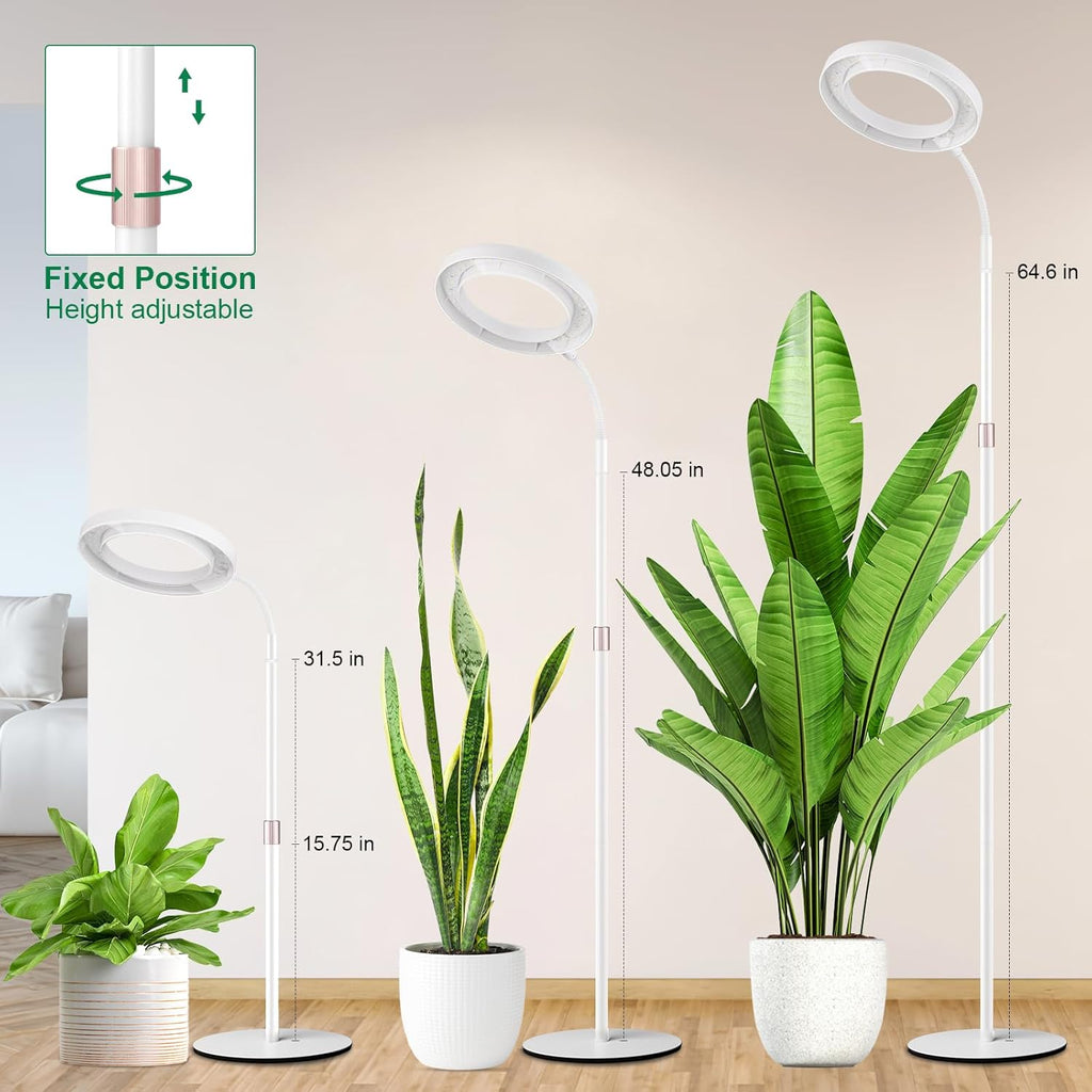 LBW Full Spectrum Grow Light with Stand – Adjustable Height (48.8-64.6"), Auto Cycle Timer (4/8/12H), 4 Brightness Levels, for Large Indoor Plants (White)
