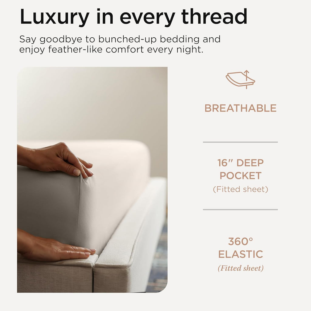 Threadmill Full Size Sheets | 600 Thread Count Bed Sheets Set with 16” Deep Pocket for Full Size Mattress | Sateen Weave 4-Piece Bedding Set with Cooling Effect | Taupe