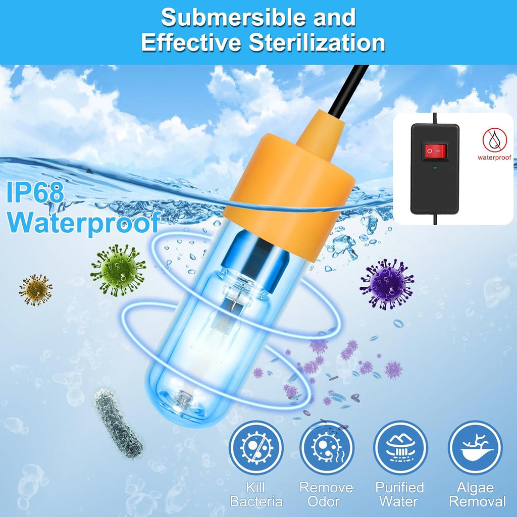 Aquarium Clean Light，3W Mini Submersible Light with UV Test Card,Double Tube Aquarium Water Clean Green Clear Waterproof Clean Lamp for Pond,Swimming Pool