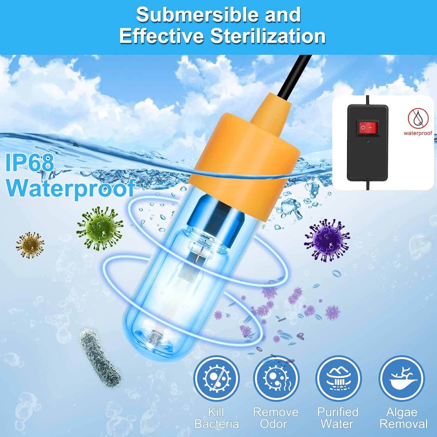 Aquarium Clean Light，3W Mini Submersible Light with UV Test Card,Double Tube Aquarium Water Clean Green Clear Waterproof Clean Lamp for Pond,Swimming Pool