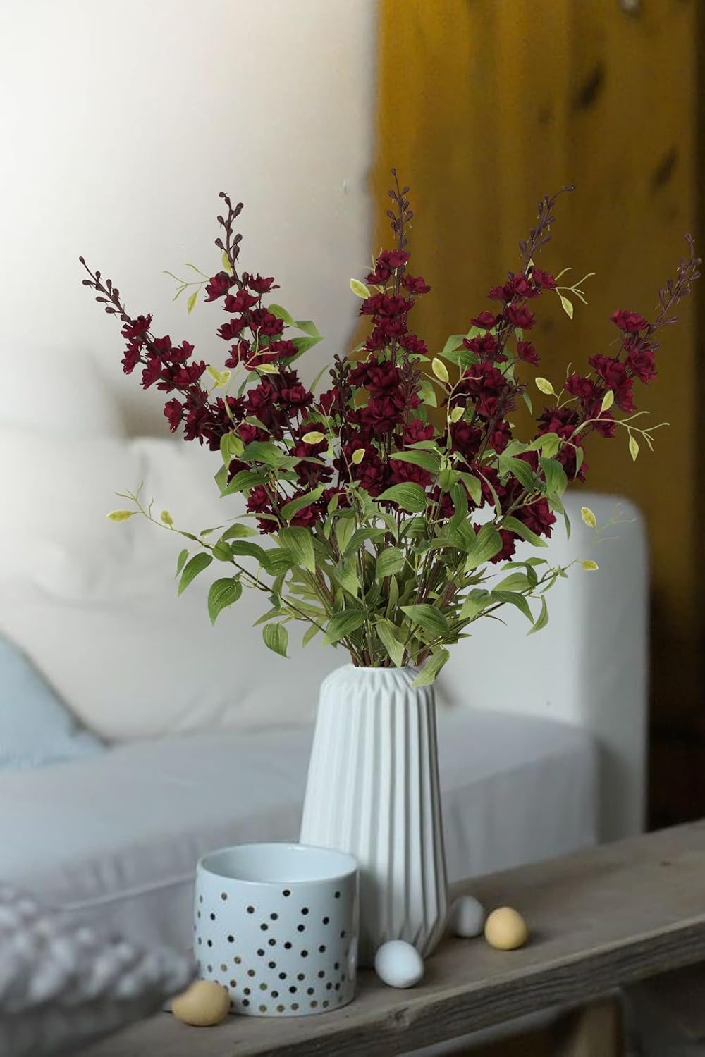 IPOPU Dark Red Flowers Artificial Delphinium 9PCS Burgundy Larkspur Artificial Flowers with Clematis Greenery Burgundy Silk Flowers for Wedding Centerpieces for Home Table Decor (Dark Red)