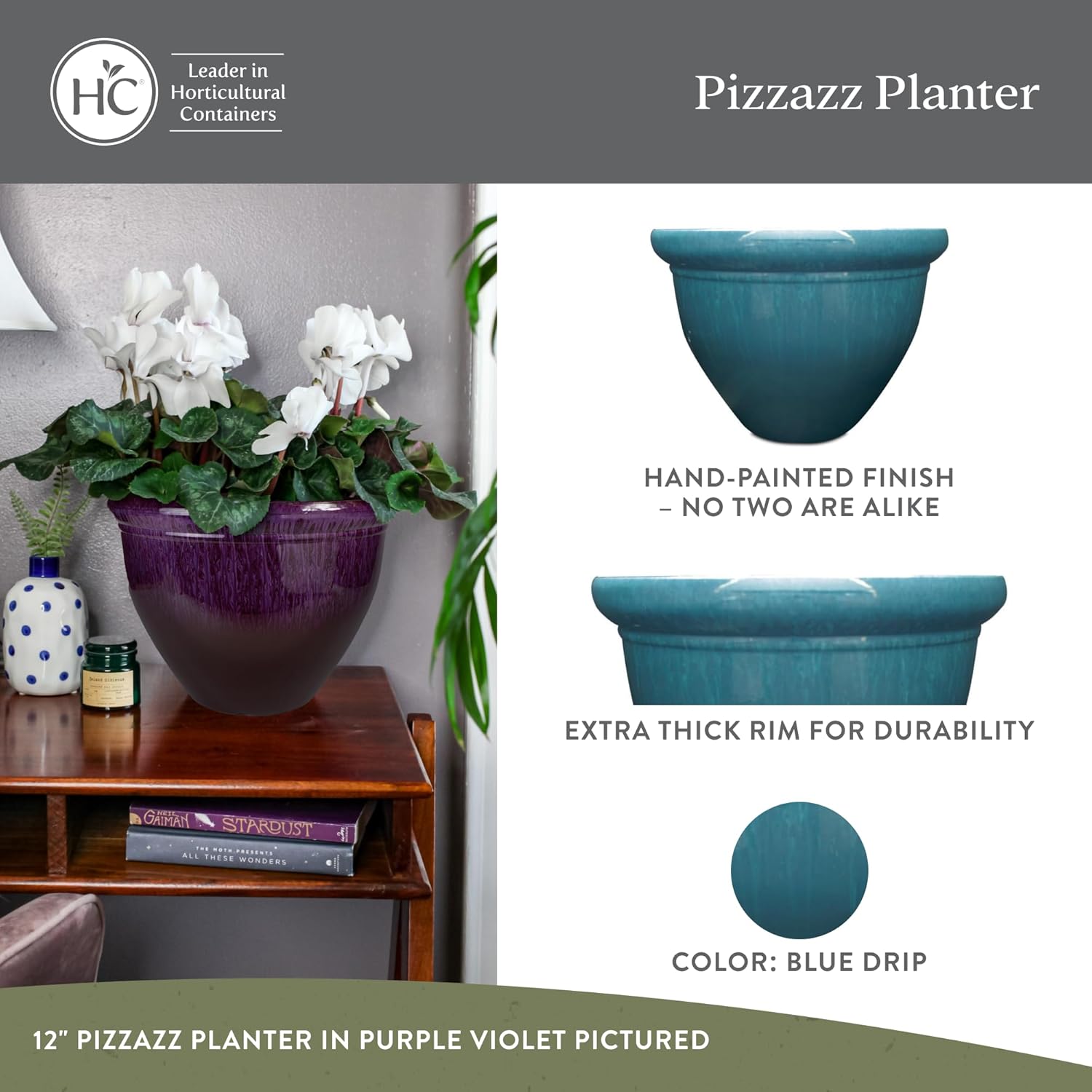 The HC Companies Pizzazz Decorative Round Flower Pots w/Ceramic Look - UV-Resistant Decorative Pot for Outdoor & Indoor Plant Pots - Modern Planter for Flower, Herbs (12” Blue Drip, Pack of 1)