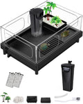 Small Turtle Tank, Aquarium, Acrylic Terrarium with Basking Platform, Bottom Drainage, Multi-Function Areas for Turtles, Crabs, Crayfish, Reptiles.(Black+Filter)