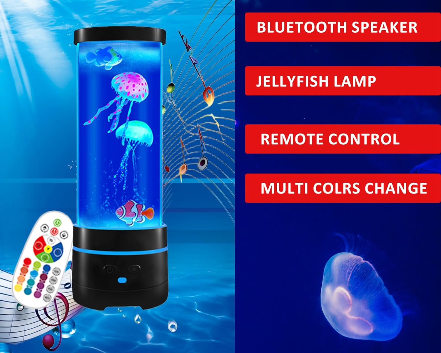15" Jellyfish Light with Bluetooth Speaker,Black Modern Cylindrical Aquarium with 4 Jellyfish (2 Large + 2 Small), 16-Color Remote Control LED Lights,USB Powered,For Home and Office Decoration