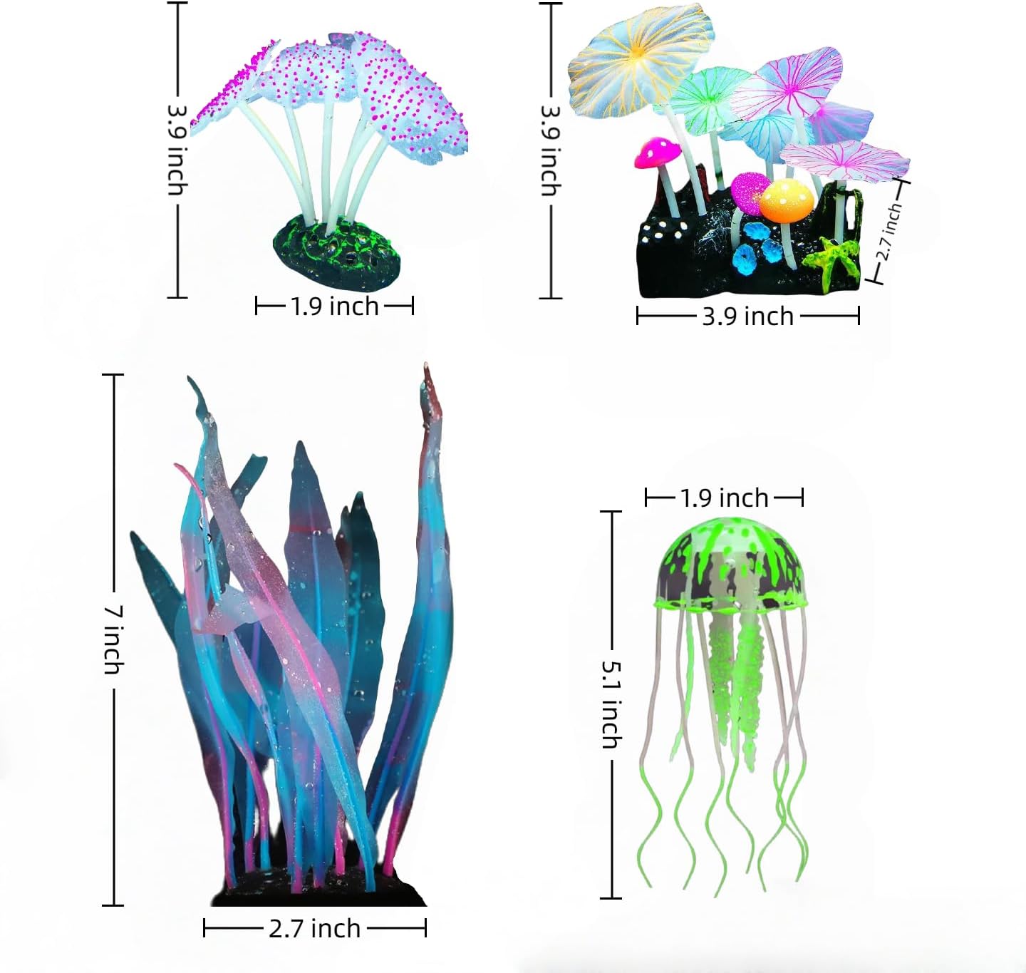 4-Pack Silicone Fluorescent Aquarium Plants & Decor - Realistic Jellyfish, Mushrooms for All Fish Tanks, Essential Decorations