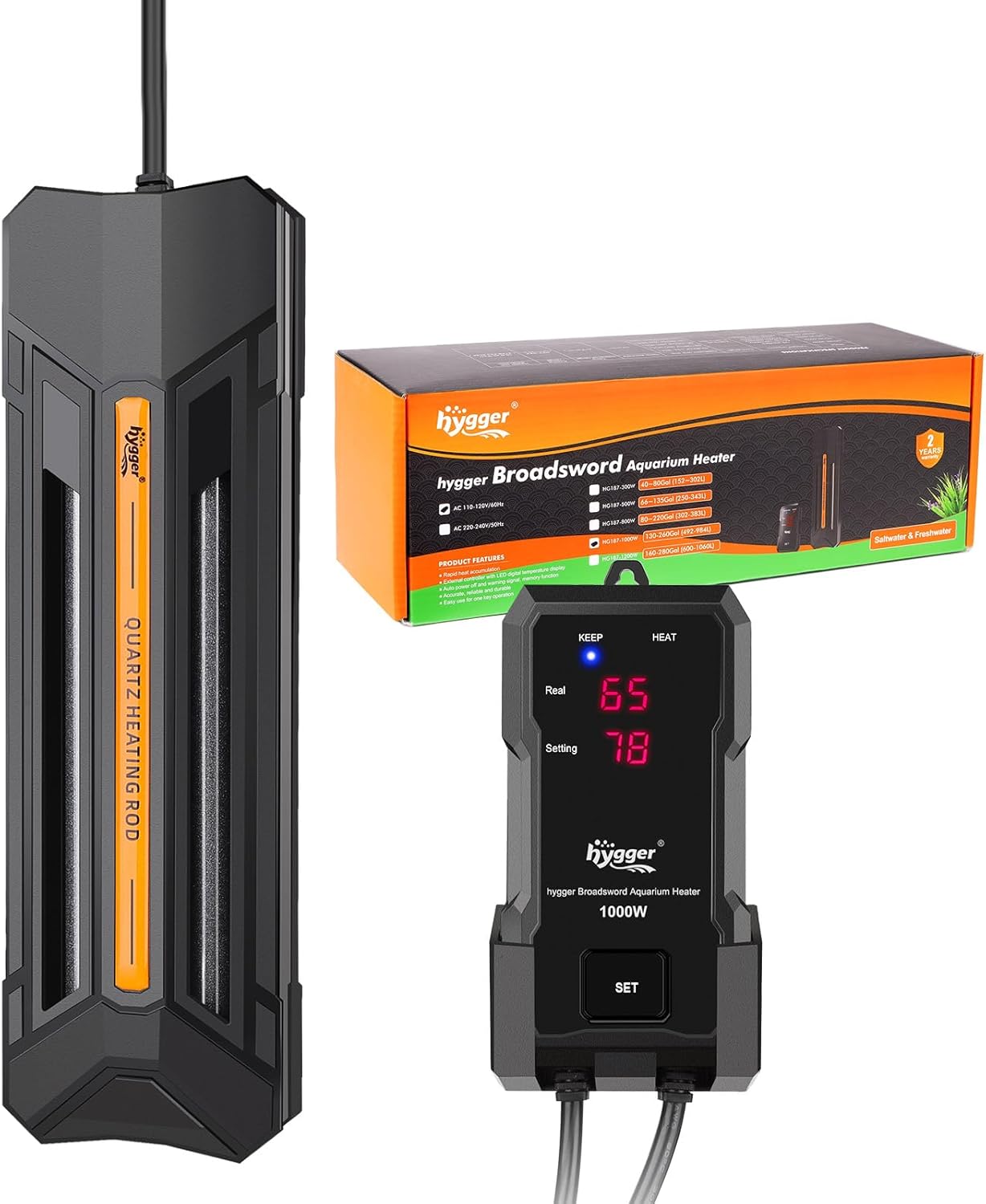 hygger 1200W Aquarium Heater with Controller, Adjustable & Submersible Fish Tank Heater with Digital Display Safety Triple Protection Beeping Alarm for Saltwater and Freshwater 160-280 Gallon