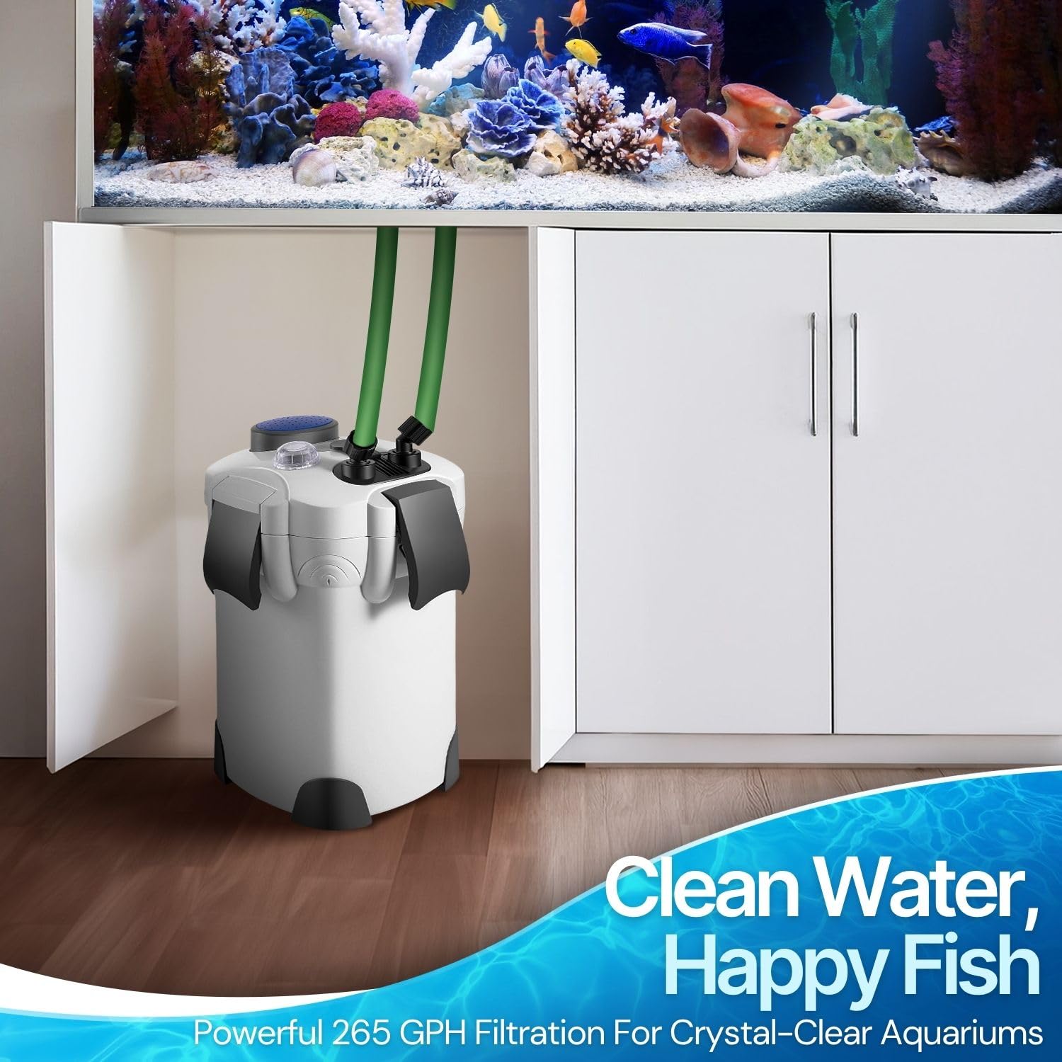 Flexzion Aquarium Canister Filter with 265GPH Flow Rate, Spray Bar, & 3-Stage Media Filtration for up to 75 Gallon Fish Tanks - Ultra-Quiet External Canister Filters for Aquarium