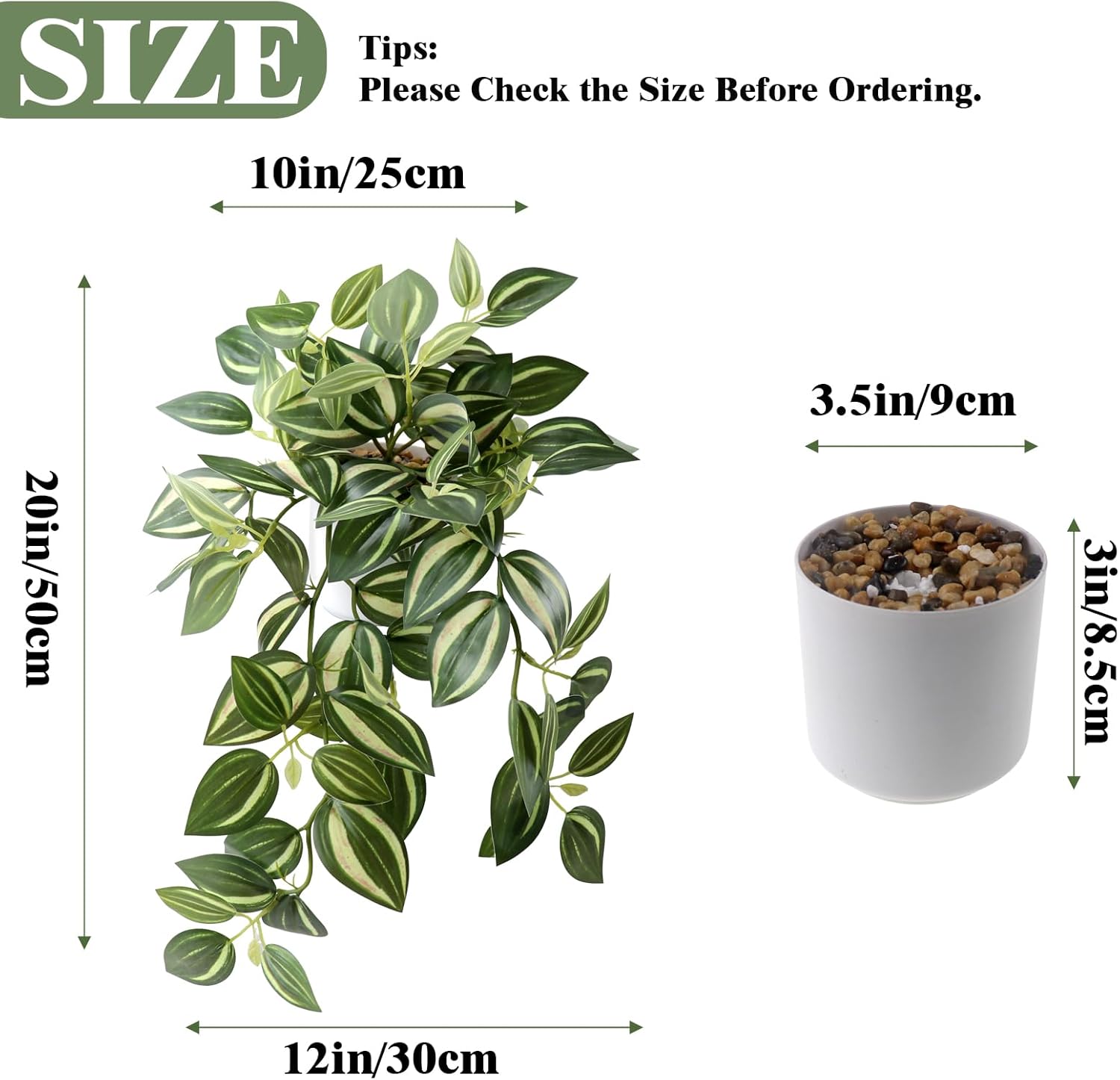 Fake Plants Indoor Artificial Hanging Plants with Pot, Potted Silk Greenery Faux Watermelon Peperomia Ivy Draping Plant for Home Office Desk Living Room Bedroom Wall Shelf Decor (Light, Dark Green)