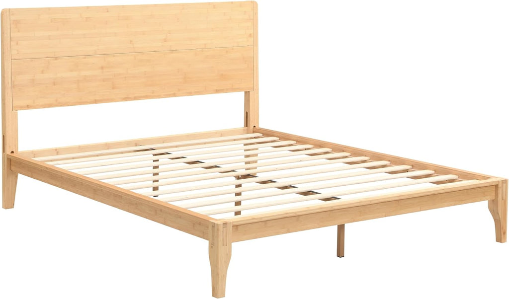 Merax Mid Century Bed Frame Queen Size with Headboard, Bamboo Wood Queen Platform Bed Frame with Wood Slat, Heavy Duty Steel Center Beam for Support, Under Bed Storage, No Box Spring Needed, Natural