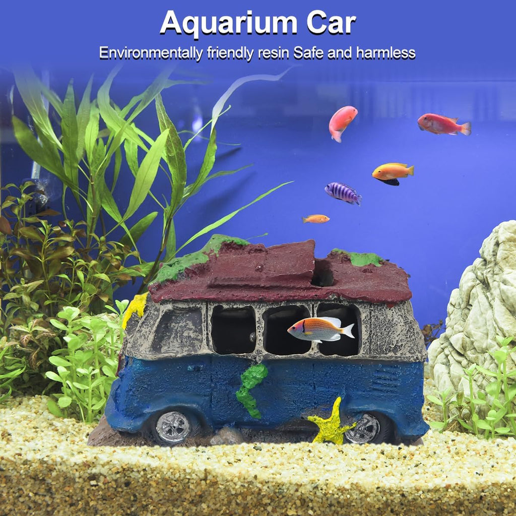 Aquarium Decorations for Fish Tank - Realistic Resin Rock Cave Hideouts, Safe Fish Tank Ornaments with Natural Design for Betta, Goldfish, Shrimp - Easy to Clean (School Bus)
