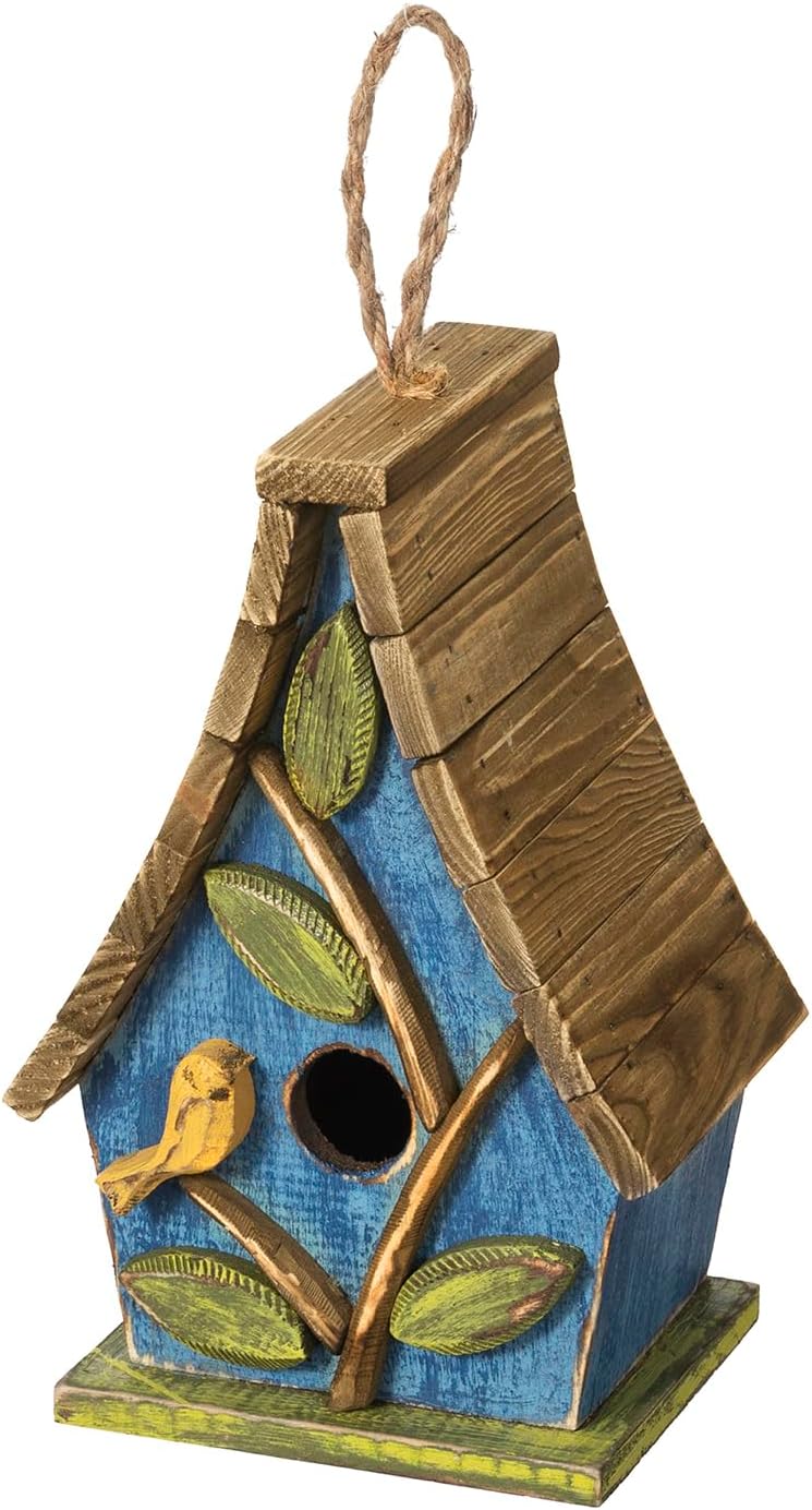 Glitzhome Birdhouses for Outdoors,9.5"H Hanging Bird House Decorative Pet Cottage Wooden Birdhouse Hummingbird Houses for Outside,Bluebird House with Natural Wood Slatted Roof and 3D Tree,Washed Blue