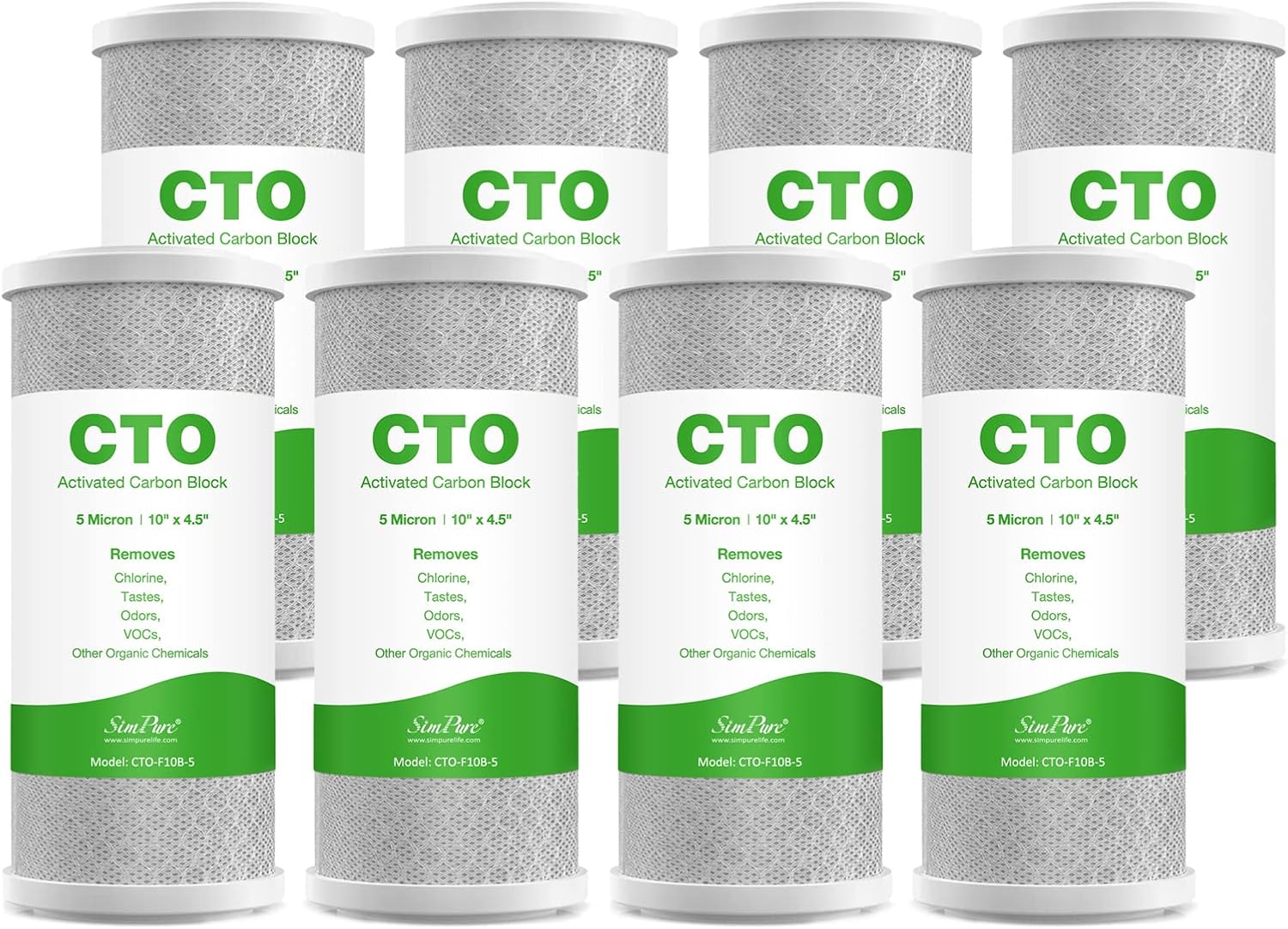 SimPure Whole House Water Filter Cartridges 5 Micron 10" x 4.5" CTO Activated Carbon Block, For DB10P, DB10C-2, GE GXWH40L, GXWH35F, BB10, FXHTC, FC15B, 8 Pack