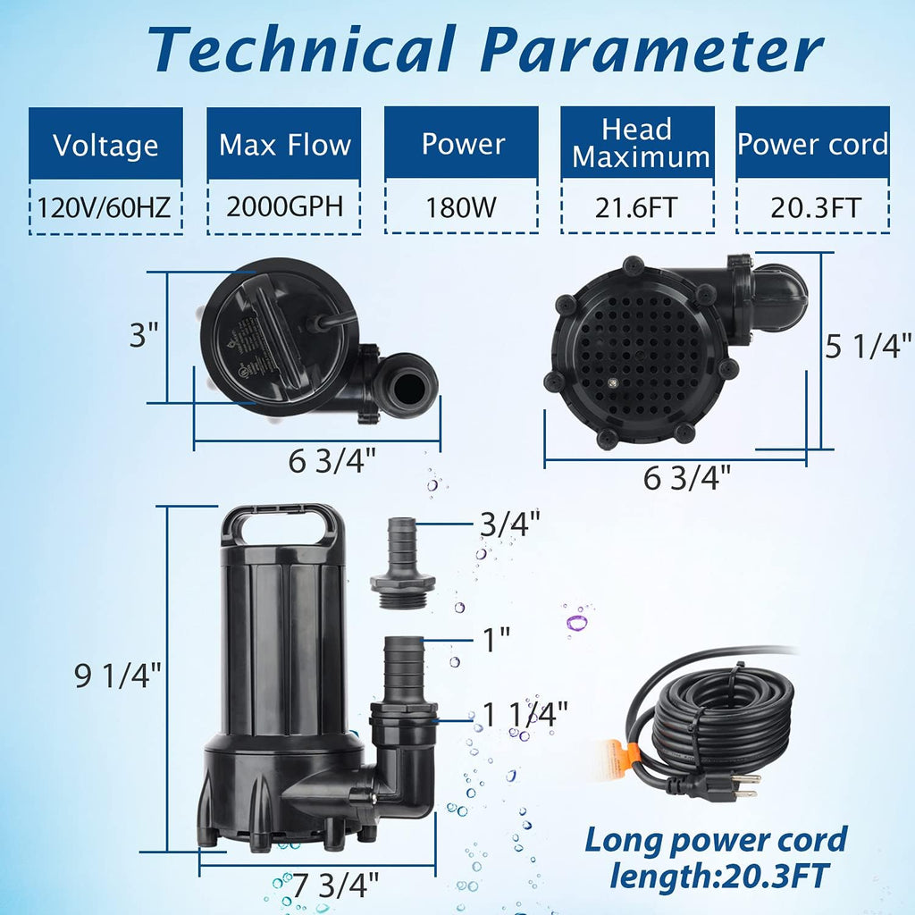 WaterRebirth (PB2000,2000GPH) High Flow Submersible Water Pump-Home/Inline Water Pump-Submersible Pump-Water Transfer Pump-Aquarium Pump