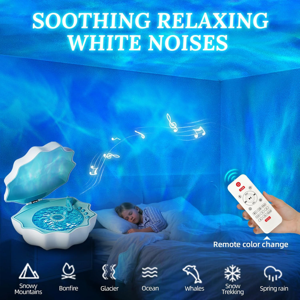 Ocean Wave Projector Light, Shell Night Light Built-in Bluetooth Speaker, Remote Control, White Noises for Home Decor/Relaxation/Party/Music/Gift (Blue)