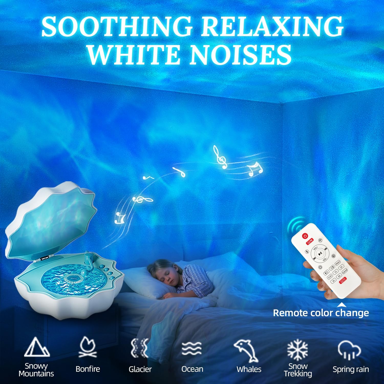 Ocean Wave Projector Light, Shell Night Light Built-in Bluetooth Speaker, Remote Control, White Noises for Home Decor/Relaxation/Party/Music/Gift (Blue)