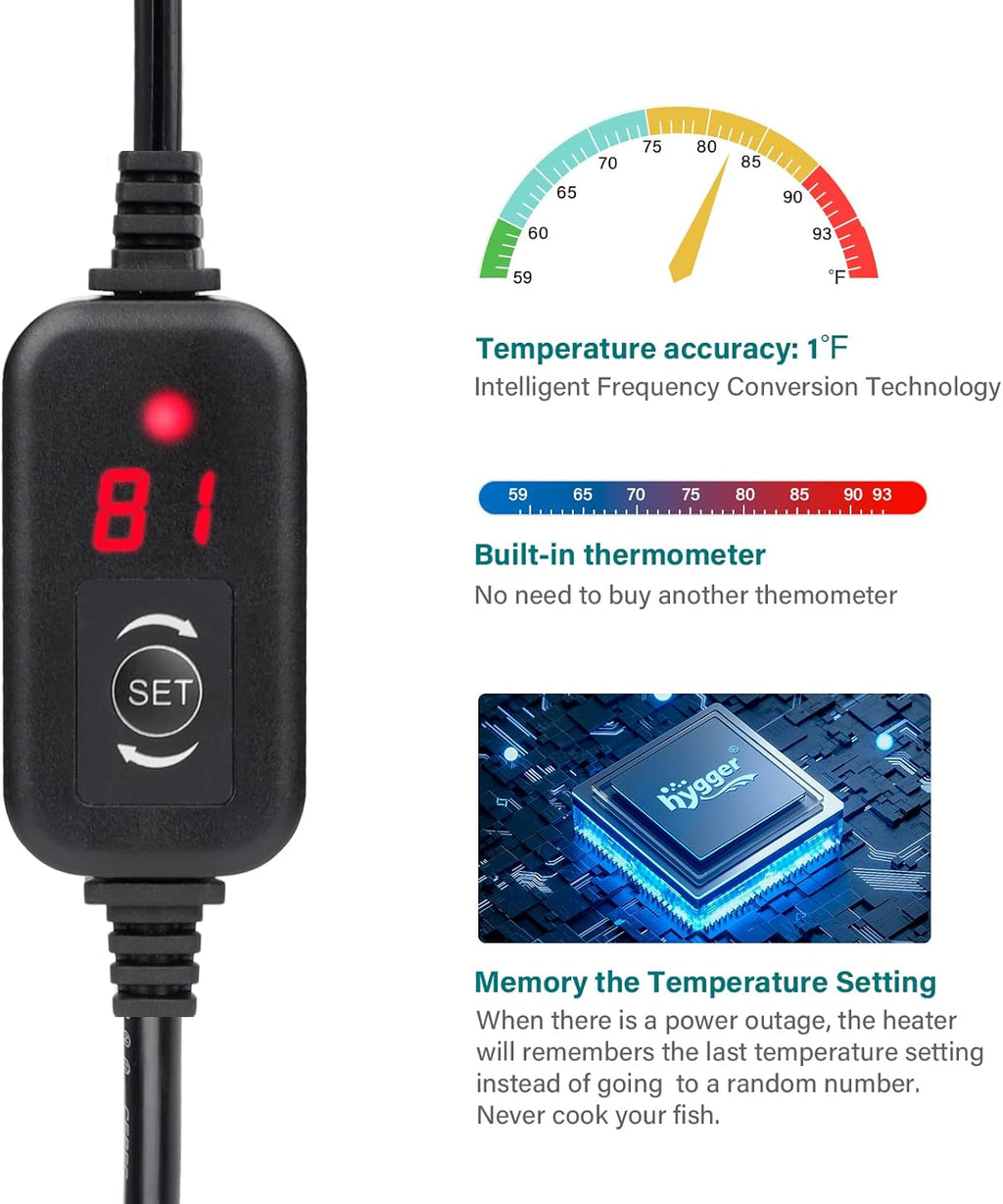 hygger Submersible Aquarium Heater, 100W 150W 200W 300W Adjustable Fish Tahk Heater with Temperature Controller, LED Display, Small Aquarium Betta Heater for up to 20/26/40/48 Gallons