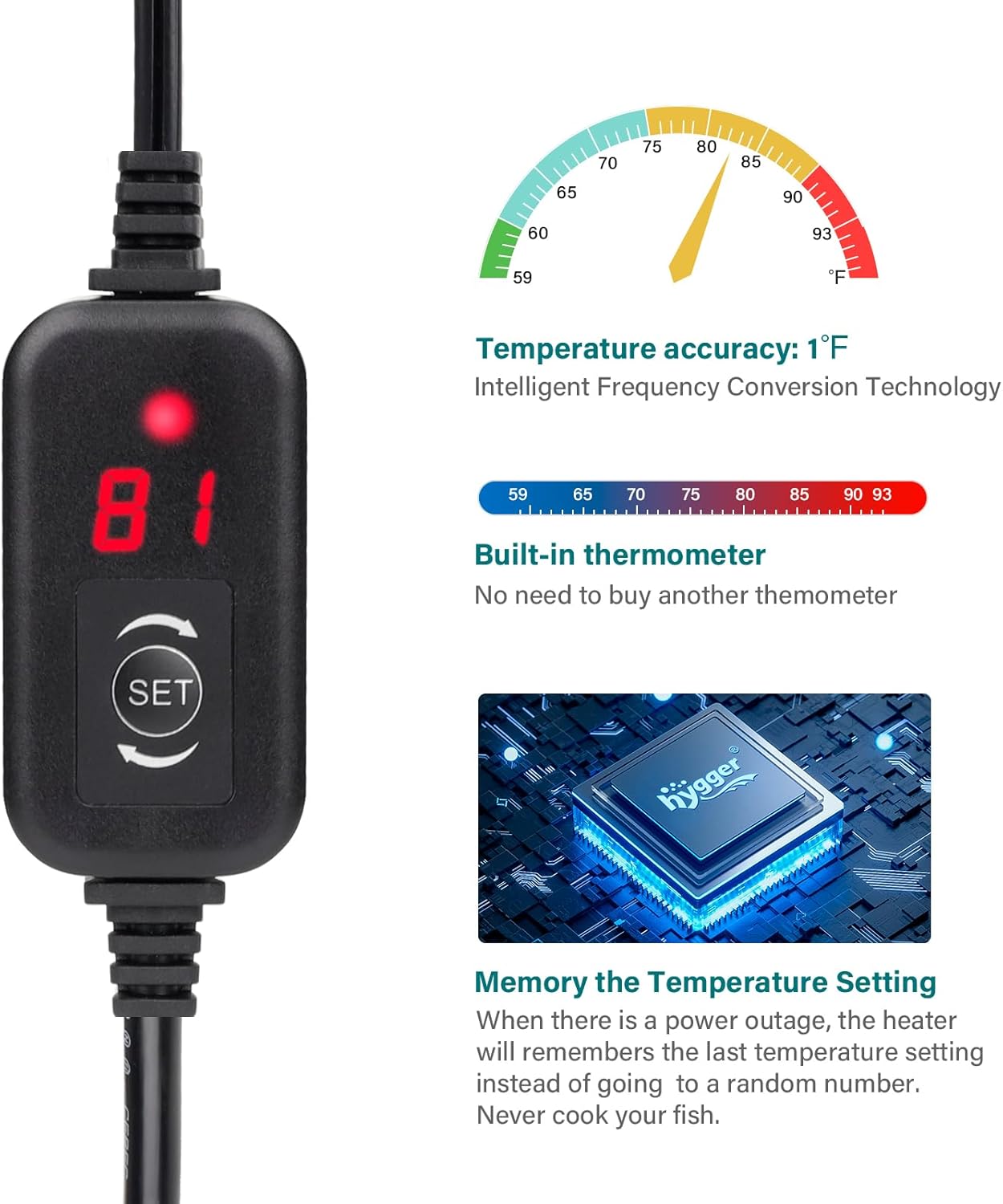 hygger Submersible Aquarium Heater, 100W 150W 200W 300W Adjustable Fish Tahk Heater with Temperature Controller, LED Display, Small Aquarium Betta Heater for up to 20/26/40/48 Gallons
