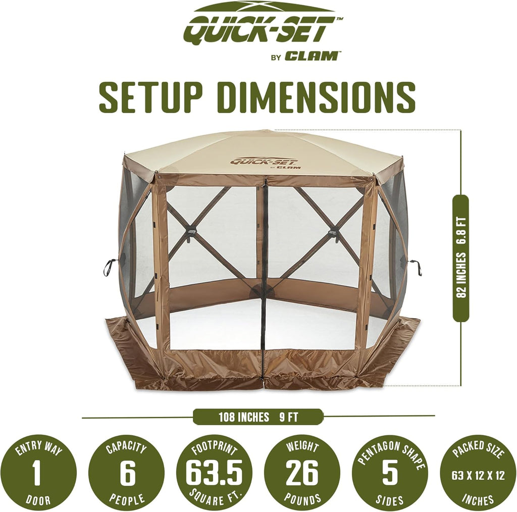 CLAM Pop Up Screen Tent, Outdoor Camping Gazebo Canopy, Venture, 9' x 9', Brown