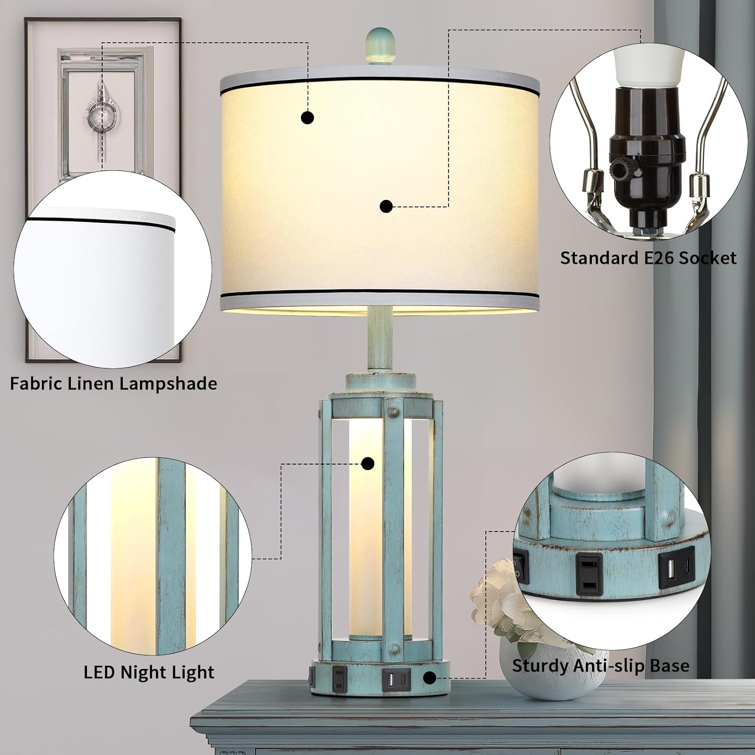 Table Lamp for Living Room, Vintage Rustic Industrial Farmhouse Lamps with USB A+C Charging Ports & AC Outlet, Beside Nightstand Metal Lamp with LED Night Light & Fabric Shade for Bedrooms