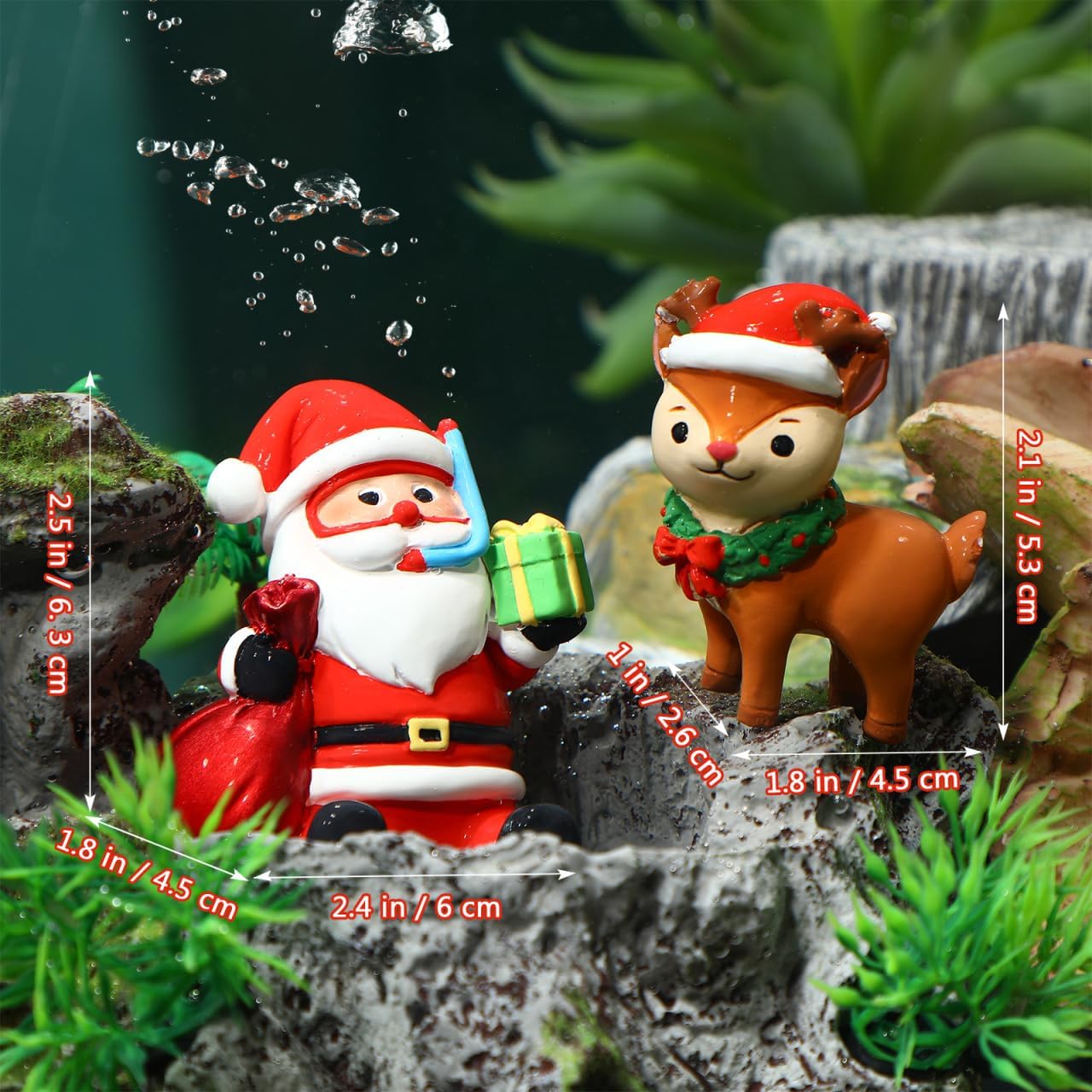 POPETPOP 2Pcs Christmas Aquarium Decorations- Resin Fish Tank Decoration Santa Claus Reindeer Micro Landscape Ornaments for Holiday Fish Tank Supplies Table Decor
