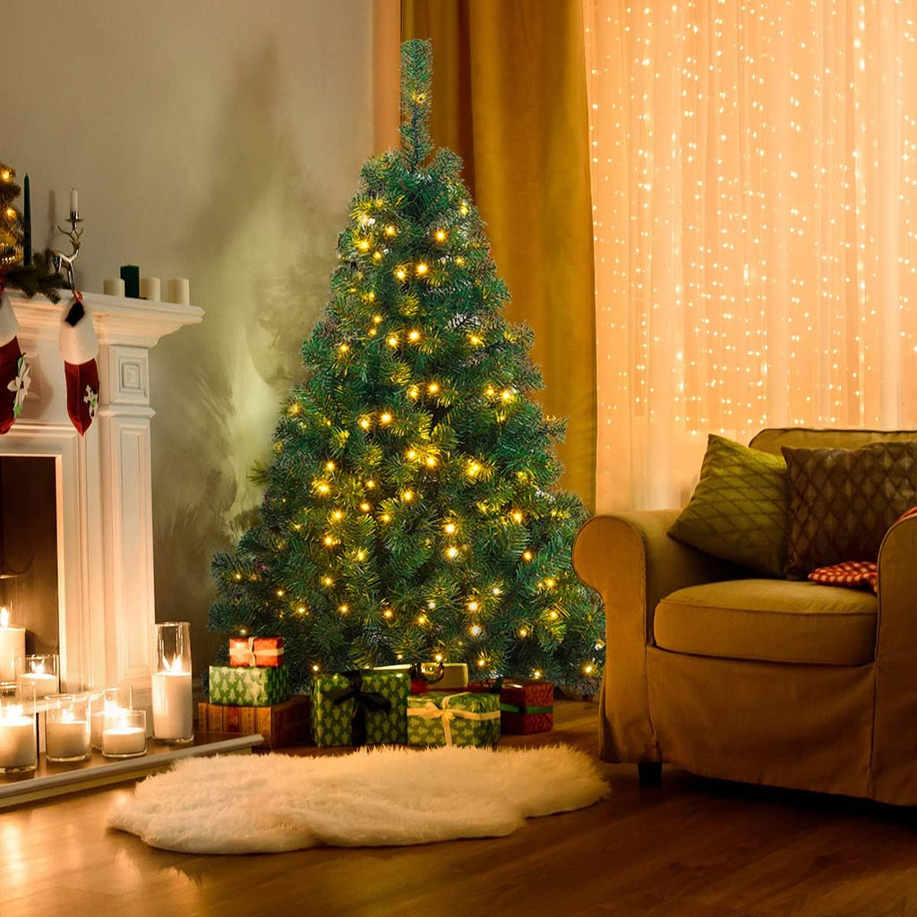 Goplus 4.5ft Pre-Lit Artificial Christmas Tree, Premium Spruce Hinged Xmas Tree with 200 LED Lights, Solid Metal Stand, UL-Certified Transformer, for Home Office Indoor Decor